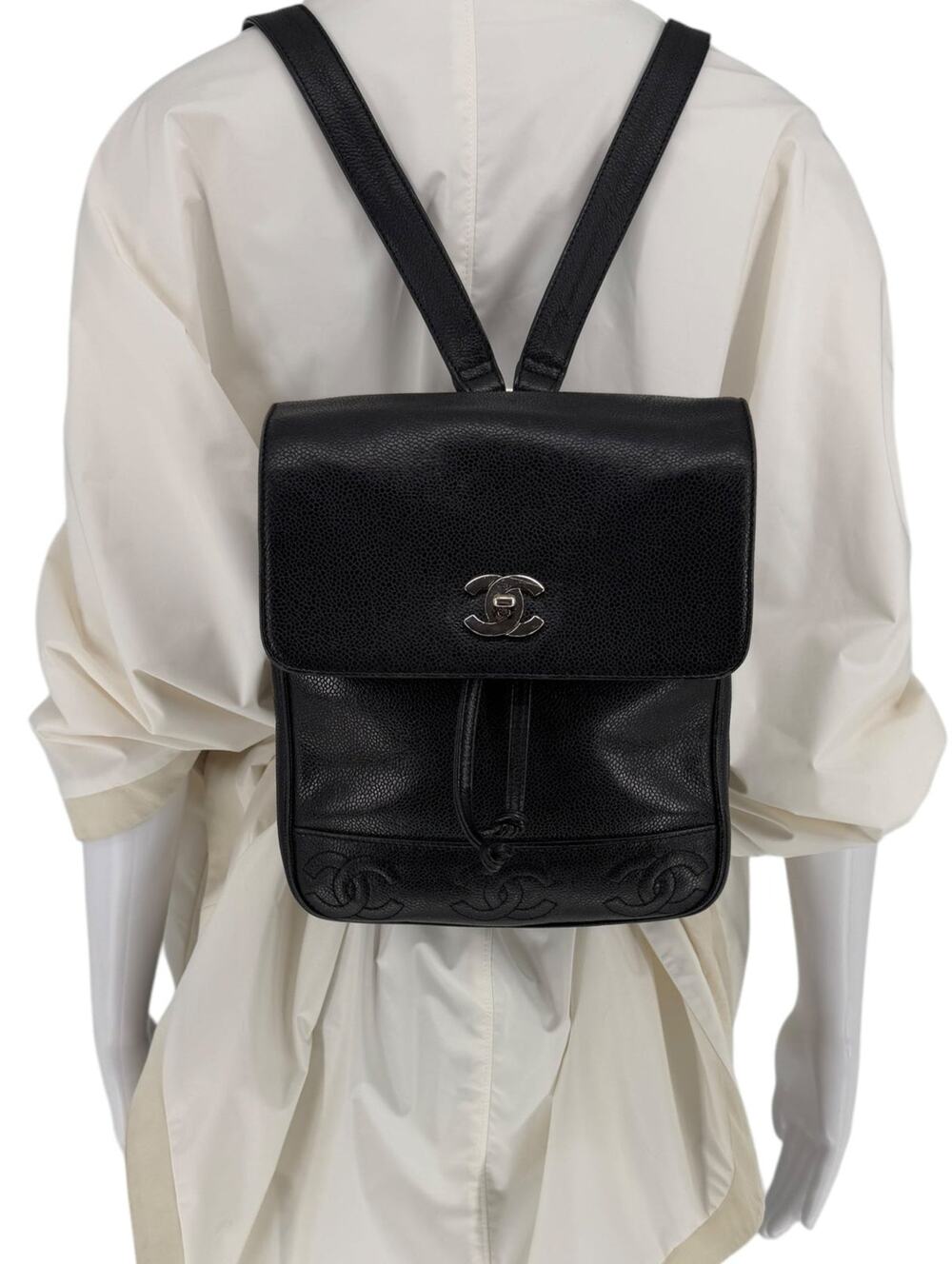 Chanel 1996-1997 Black Caviar Triple CC Backpack - Silver Hardware *RARE*